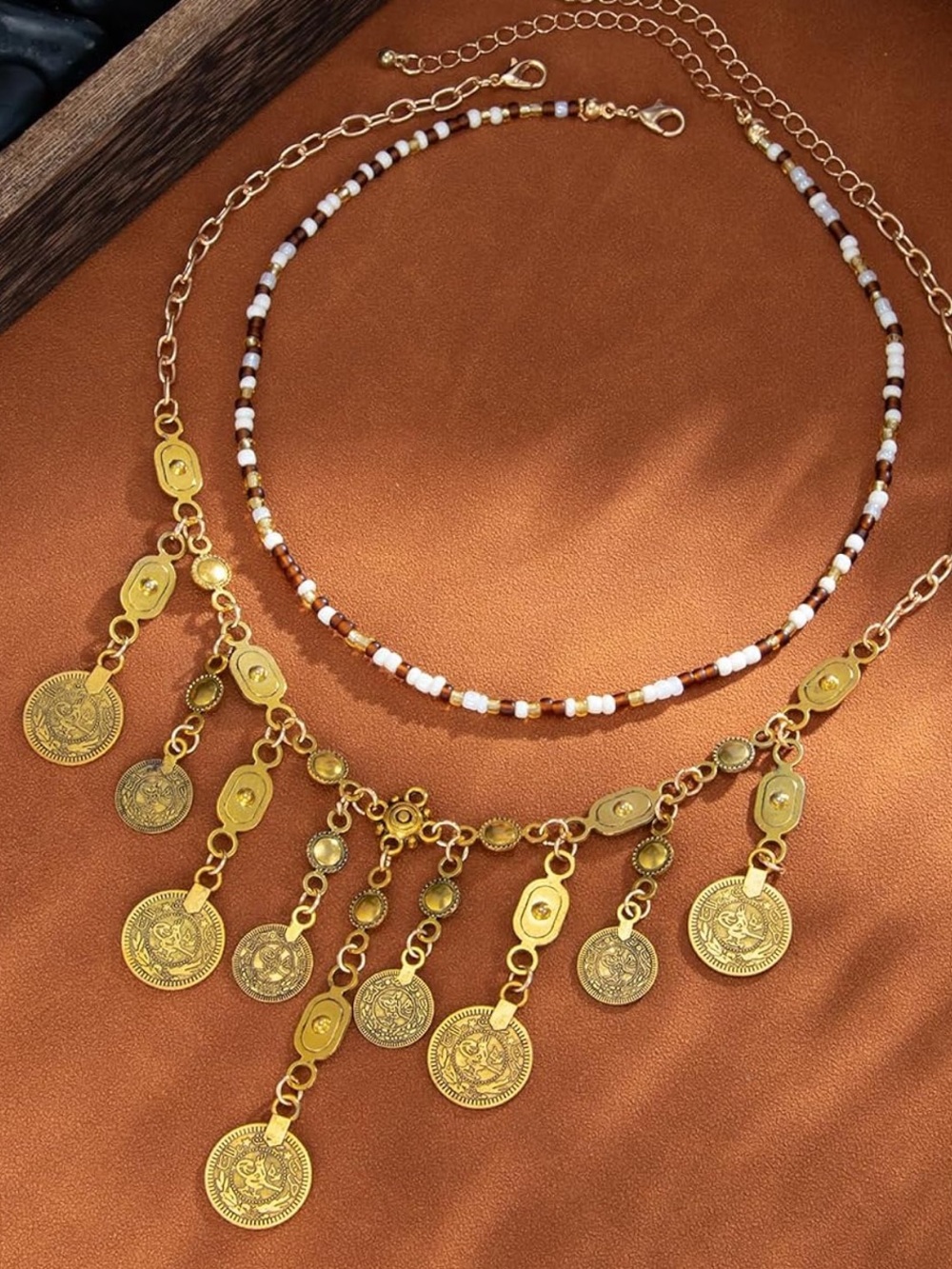 Anthropologie Gold Coin Fringe Layered Necklace with Beaded Choker - Picture 4 of 9